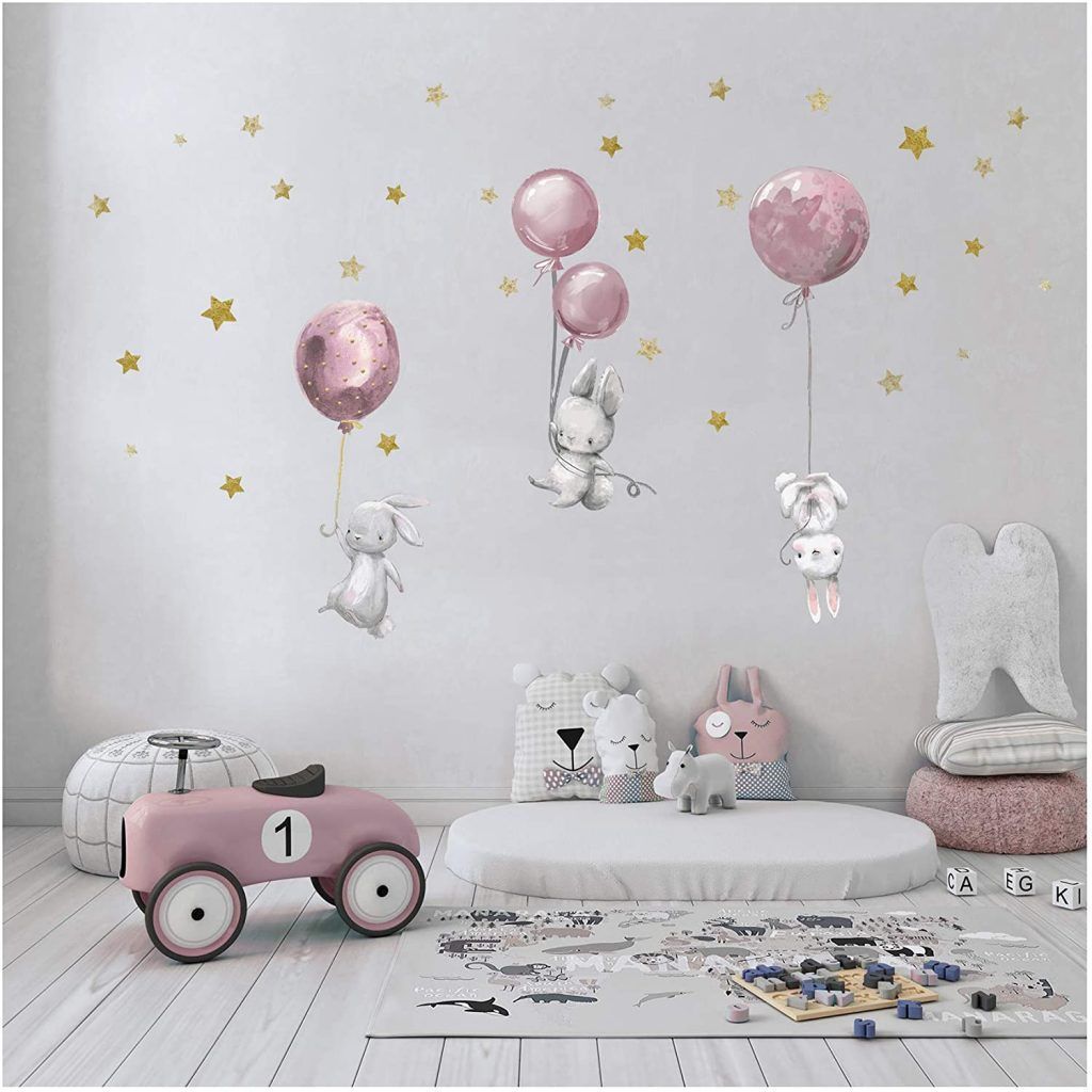 Vinilo para pared infantil con conejos con globos